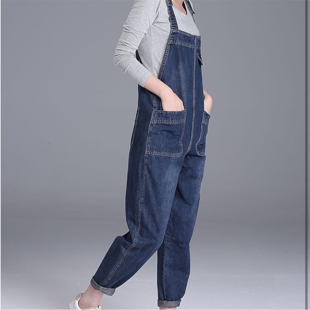 Blue Denim Overalls with Adjustable Straps and Relaxed Fit